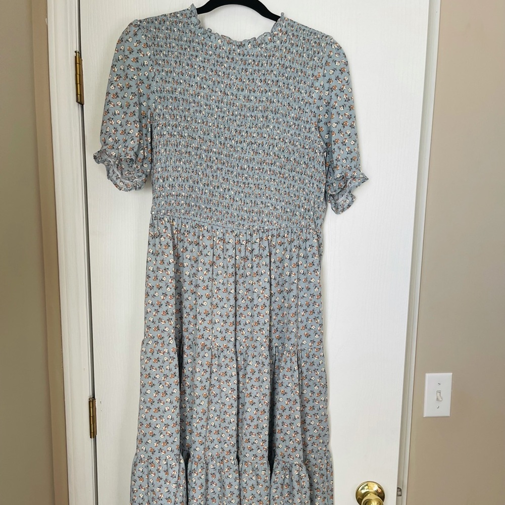 Modest smocked ditsy print dress